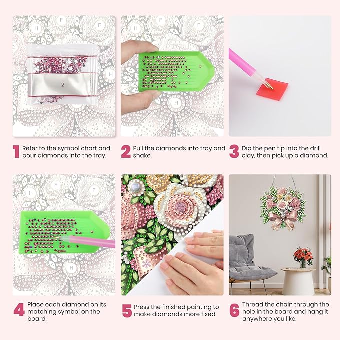 MXJSUA Bouquet of Roses Flowers Diamond Art Hanging Kits for Adults Beginners, DIY Acrylic Special Shaped Crystal Diamond Gem Drills Pendant Art Painting Ornament for Home Wall Decor Gift 8x8 inch