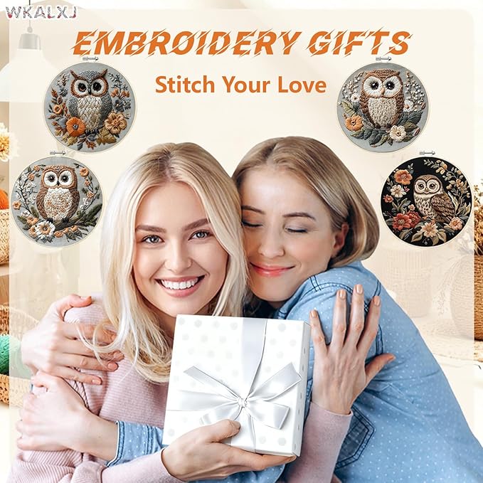 wkalxj 4 sets owl embroidery kit - 8.2" hoops, embroidery kit for beginners to advanced, cross stitch kits, needlepoint kits with instruction, video, needle point kits (advanced owl set)