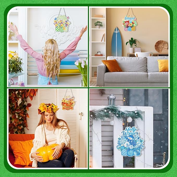 Cinnvoice 12 Pcs Seasonal Diamond Art Wreath Kits Holiday 5d DIY Diamond Art Hanging Signs Winter Spring Ornaments for Wall Door Decoration(Mason Jar)