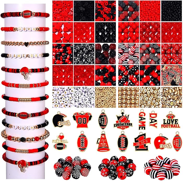 2200PCS+ Game Day Beads Charms for Bracelet Making Polymer Clay Beads Crystal Pearl Letter Gold Spacer Beads Football Charms for Game Day Bracelet Necklace Making DIY Crafts