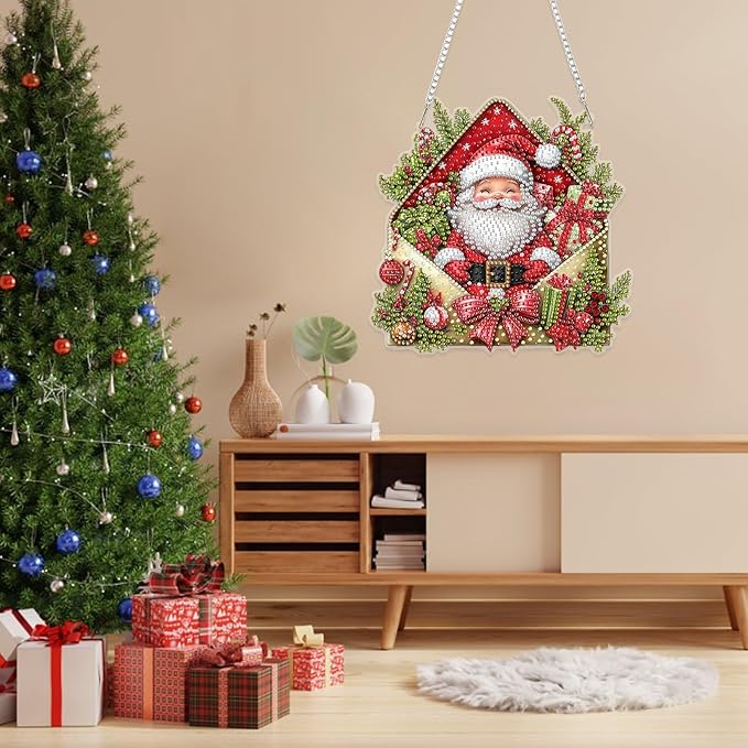 RICUVED Hanging Diamond Art Kit for Adults, Christmas Special Shaped Crystal Gem Craft Diamond Painting Pendant Kit for Beginners, Santa Claus DIY Hanging Acrylic Art Ornament for Home Garden Decor