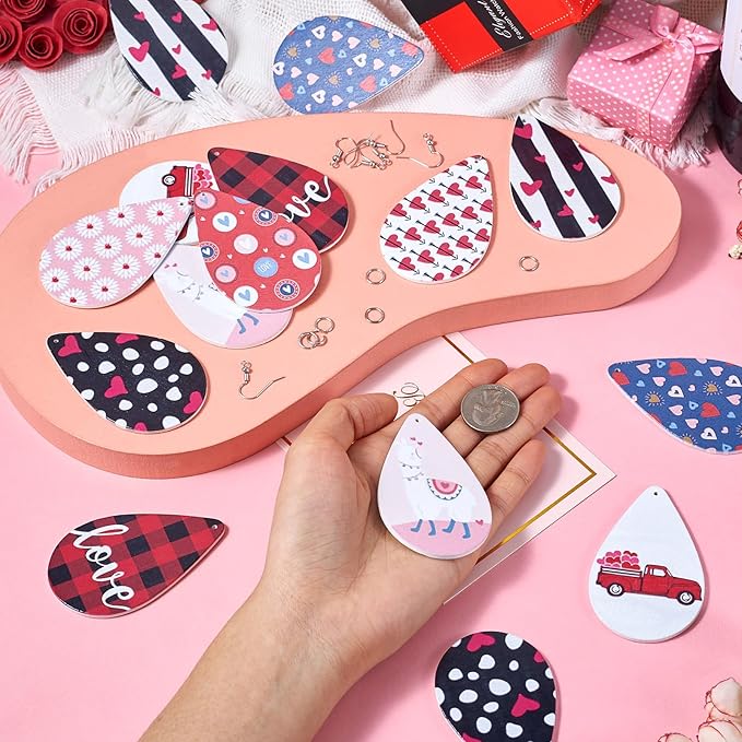 Beadthoven Wood Earrings Making Kit Teardrop Wood Big Pendants Colorful Wooden Charms with Heart Flower Printed Earring Hooks Jump Rings for Women Earring Jeweley Making Valentine’s Day