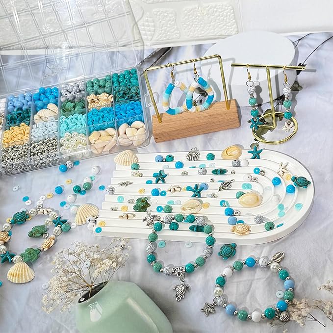 1860Pcs Ocean Beads for Bracelets Making Kit, Blue and White Summer Beach Bead for Jewelry Making, Sea Turtle Shell Starfish Shape Beads 8mm Round Cly Bead for DIY Craft Bracelets Earring (Blue)
