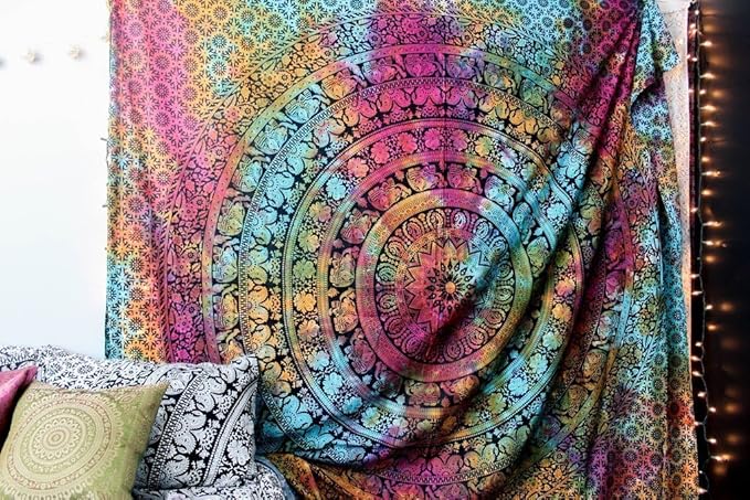 popular handicrafts wall hanging for bedroom hippie mandala bohemian design indian magical thinking tapestries dorm decor 84 x 90 inches (215cm x 230cm) multicolor tie dye