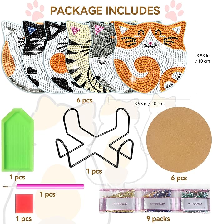 Vcekract Diamond Painting Coasters Kits, 6 Pcs Cat Diamond Art Coasters with Holder, Crafts Kits for DIY Coasters, Diamond Art Kits for Adults