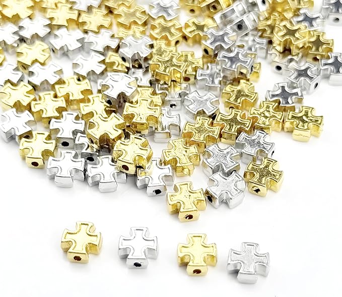 100pcs 8mm Two-Color Cross Beads – Gold & Silver Zinc Catholic Religious Beads for Rosary, DIY Jewelry Making, Necklace, Bracelet, Craft Accessories