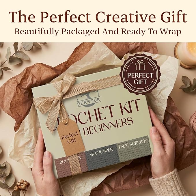 Berstuk Beginner Crochet Kit for Adults – Easy Projects with Step-by-Step Video Tutorials - Complete Kit for Functional Projects - Left & Right-Handed Instructions