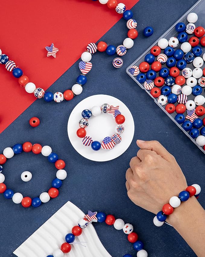 Goldwise 120Pcs 4th of July Wooden Beads Garland, Patriotic Red White Blue Beads for DIY Crafts, Independence Day Wood Beads with American Flag Stars for Bracelets Necklaces Tiered Tray Decor