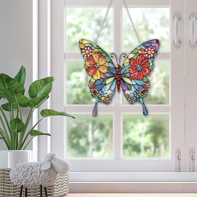 SKRYUIE Butterfly Hanging Diamond Art Kits for Adults Pendant Suncatcher, Special Shaped Crystal DIY Pearl Diamond Painting Kit, Gift for Mother Spring Summer Window Wreath Decor 7.49 x 7.56 Inch A25
