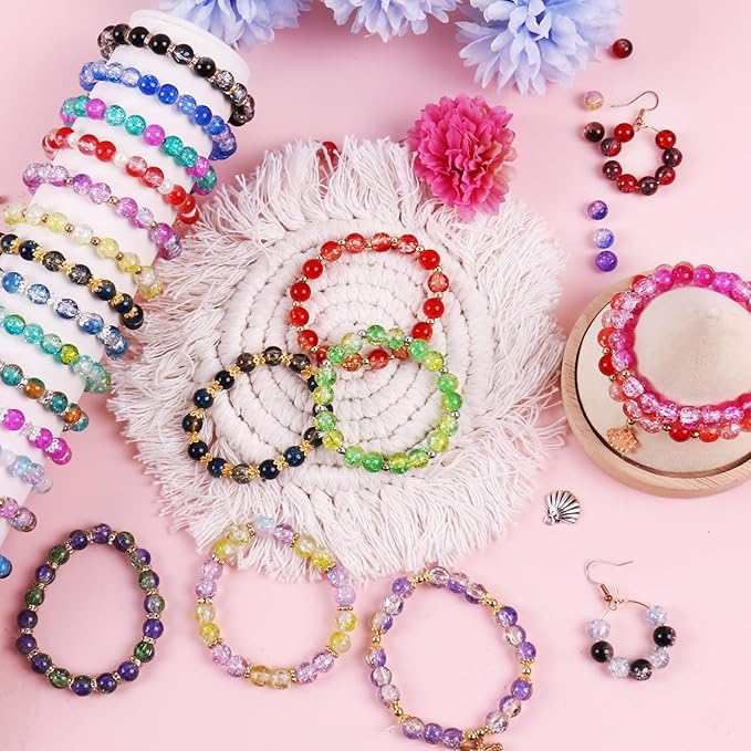 1800PCS 8mm Crackle Glass Beads Bracelet Making Kit, 48 Colors Glass Beads for Jewelry Making, Round Crystal Beads for Bracelets, Friendship Bracelet kit for DIY Crafts Gifts, 2 Box (Crackle Colors)
