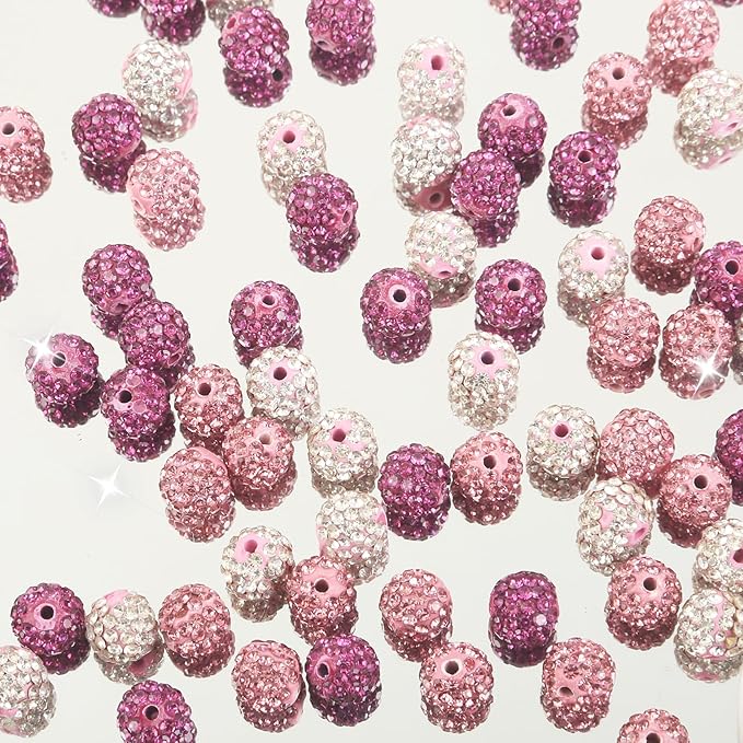 200Pcs Rhinestone Beads 10mm Pink Sparkle Round Shamballa Disco Ball Beads, Shiny Crystal Clay Pave Diamond Rhinestones Bead for Baseball Necklace Bracelet Earring Jewelry Making Party Decoration