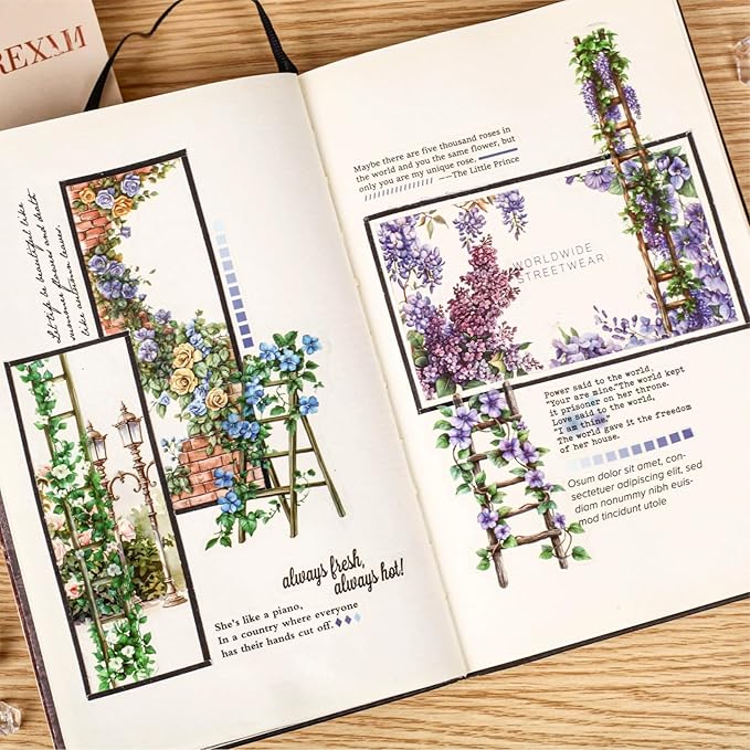 120PCS Vintage Flower Ladder Scrapbook Stickers Kit Flowers Strip PET Transparent Waterproof Stickers Set for Junk Journal Journaling Water Bottles Phone Laptop Decals Pack for Teens Girls Kids Adults