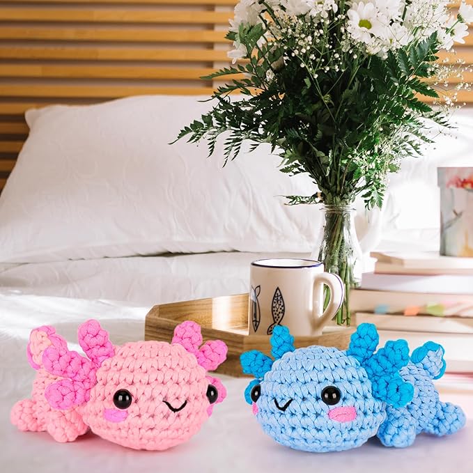 Crochetta Crochet Kit for Beginners, Beginner Crochet Starter Kit w Step-by-Step Video Tutorials, Learn to Crochet Kits for Adults Women Men, DIY Knitting Supplies, Axolotls (Blue and Pink)
