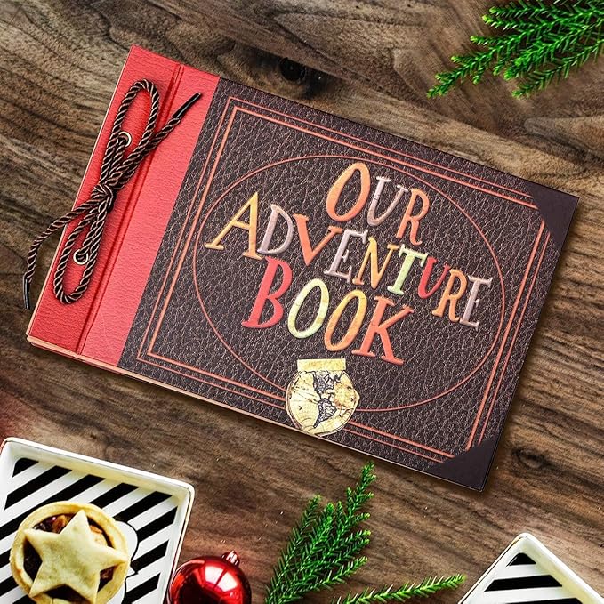 Our Adventure Book Handcrafted 11.92 x 7.62" Leather-Bound Scrapbook with 80 Pages, Embossed Lettering, Inspired by 'Up', Ideal for Photos, Weddings&Travel Memories Gift Box Included (Handmade Book)