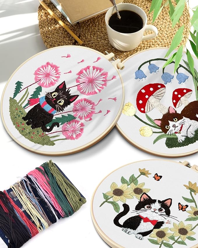TINDTOP Embroidery Kit for Adults, Cat Embroidery Practice Kit for Beginners Include Embroidery Cloth Hoops Threads for Craft Lover Hand Stitch with Embroidery Skill Techniques