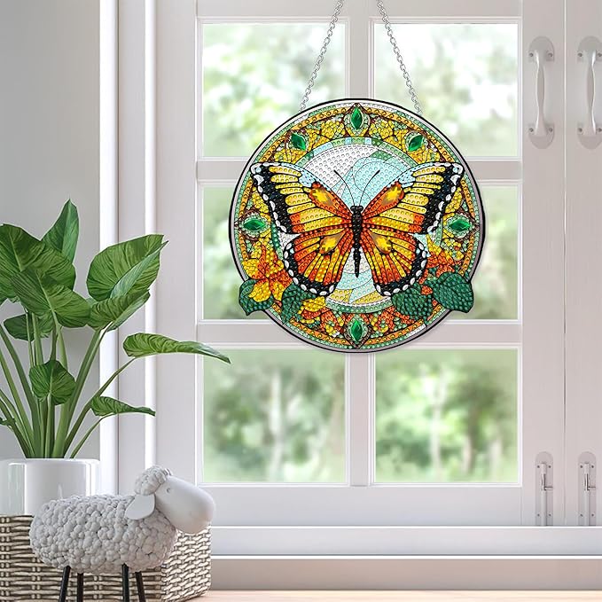 SKRYUIE Butterfly Hanging Diamond Art Kits for Adults Pendant Suncatcher, Special Shaped Crystal DIY Pearl Diamond Painting Kit, Gift for Mother Spring Summer Window Wreath Decor 7.56 x 7.64 Inch A11