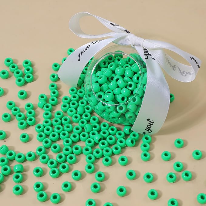 1000 Pc Boxed Light Green Pony Beads Bulk, 9MM Plastic Craft Beads with Large Hole, Green Hair Bead for Braids, Bracelet Bead for Jewelry Making