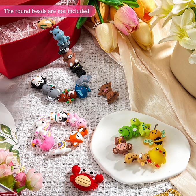 24 Pcs 3D Silicone Focal Beads Pens Beads Bulk for Beadable Keychain DIY Crafts Necklace Bracelet Phone Chain Charms Jewelry Making (Animals C)