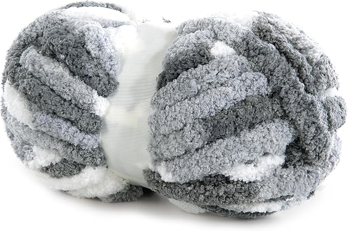 HOMBYS Chunky Tie Dye Mix Chenille Yarn for Hand Knitting, Super Bulky Jumbo Yarn for Crocheting, 3/4" Thick Soft Plush Yarn for Blankets, 8 Skein Pack (26 yds / 7.5 oz Each) Dark Grey Grey White