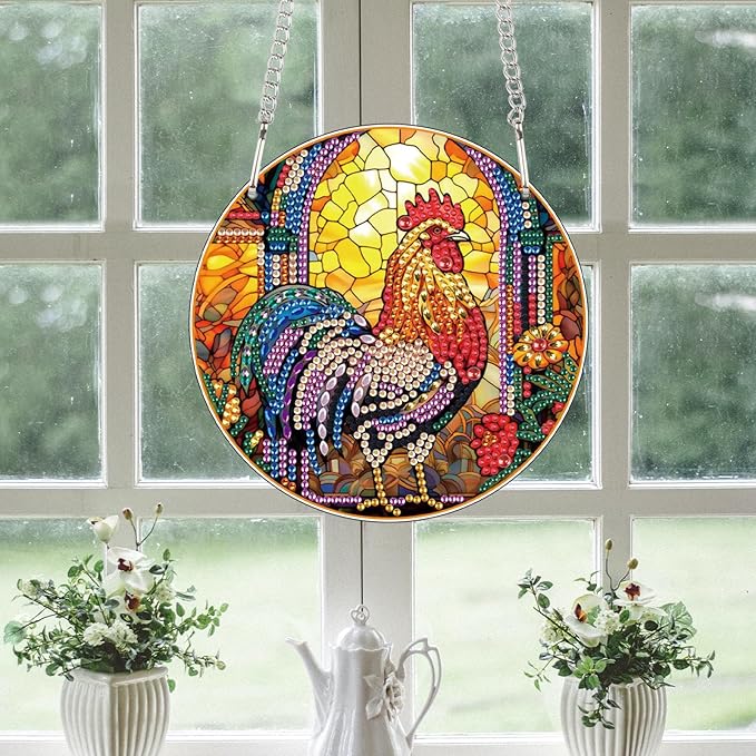 AiYuanzsh DIY 5D Diamond Art Hanging Pendant, Rooster Acrylic Rhinestone Ornament for Wall Door Window Decor, Diamond Painting Animal Craft Gift for Home or Christmas Decoration