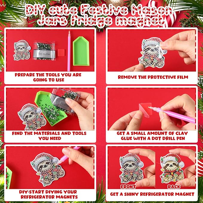 Xuhal 30 Pcs Christmas Diamond Painting Magnets Christmas Animal Diamond Art Magnet Kits for Adults Cute 5D Rhinestone Xmas Santa Hats Animal Refrigerator Magnetic Sticker for DIY Craft Fridge Gifts