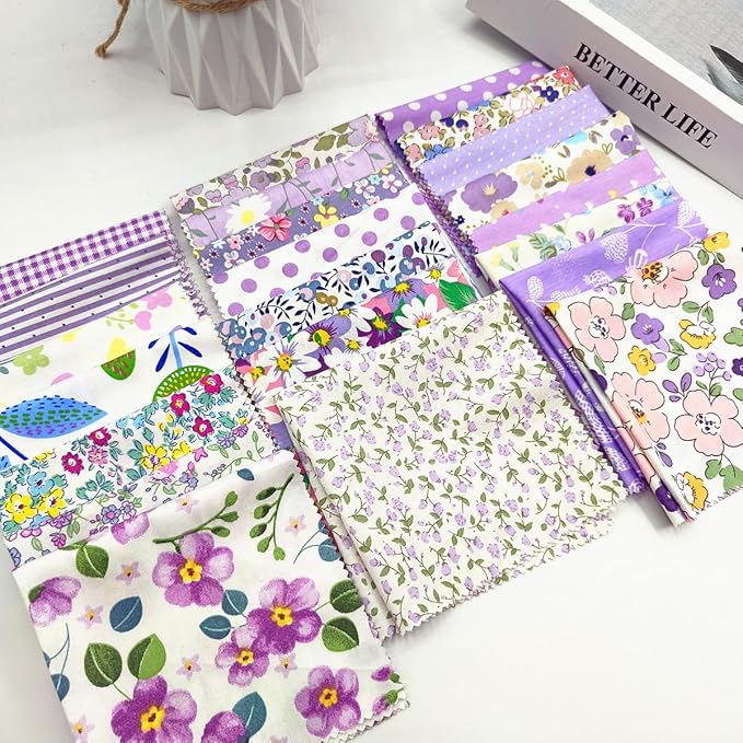 22Pcs 10" Purple Cotton Fabric Squares No Repeat Floral Charm Pack,Precut Quilt Fabric with Wavy Edges,Sewing Craft Swatches
