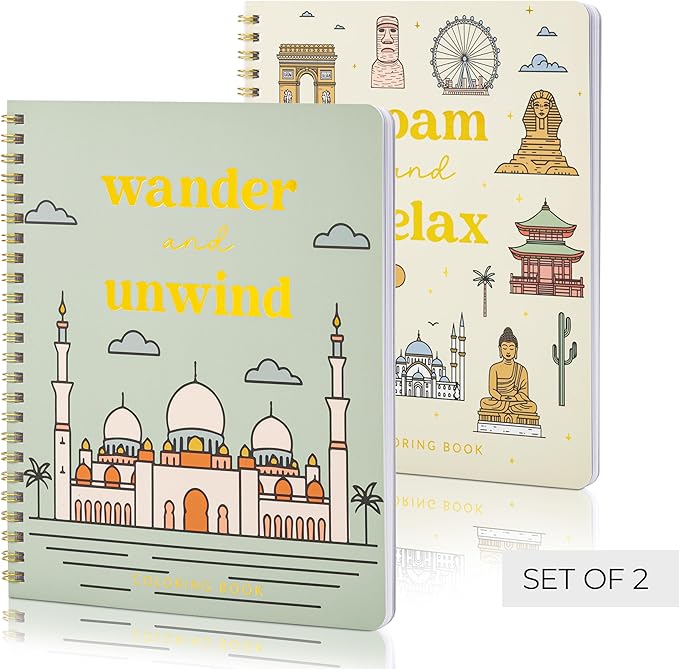 Beautiful Adult Coloring Book Set of 2 for Relaxation - Inspirational Adventures and Sightseeing Spots for The Spirit of Wanderlust - Perfect Stress-Relieving Gift for Women
