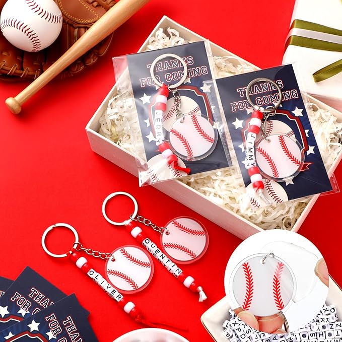 Suncalla 984 Pcs 24 Set Baseball Keychain Making Kit DIY Ball Bag Tag Baseball Party Favors Accessories Sport Key Chain Crafts Adjustable Name Beads Cards Strings Kit Senior Team Night Graduation Gift