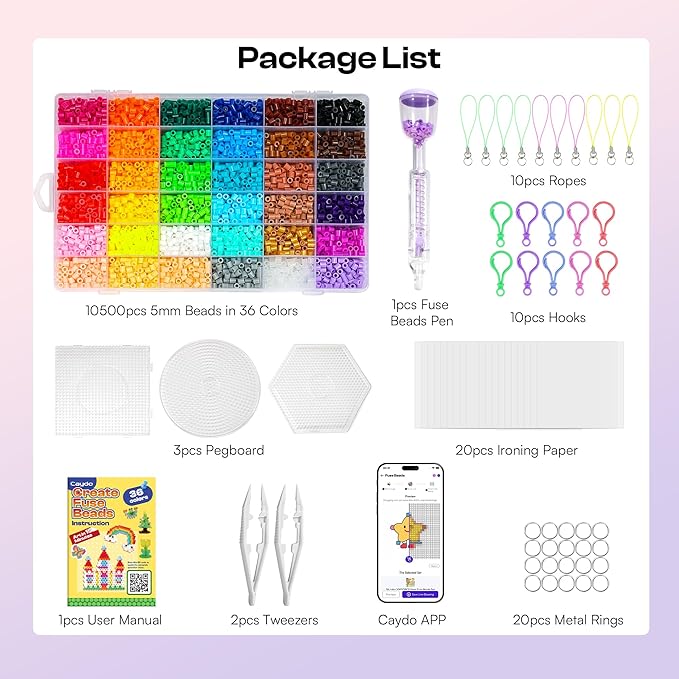 Caydo Fuse Beads Kit with Fuse Bead Pen, Design App & 200+ Patterns for Beginners, 10500PCS 36 Colors 5mm for Girl Holiday Home DIY Decor Creative Projects