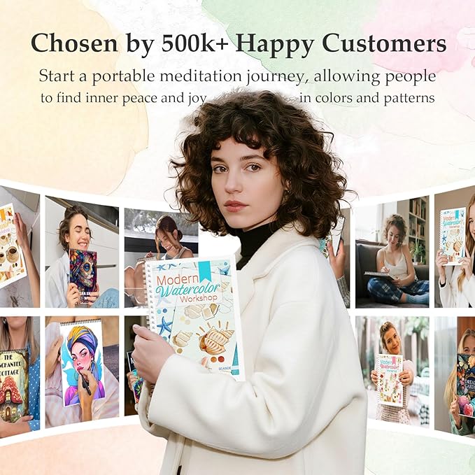 Watercolor Workbook, Watercolor Workbook Paint Book Beginner Friendly, 12 Different Patterns Stress-Relieving Art Crafts for Creative Exploration Gift for Women Adults Teens (Seaside, 1)