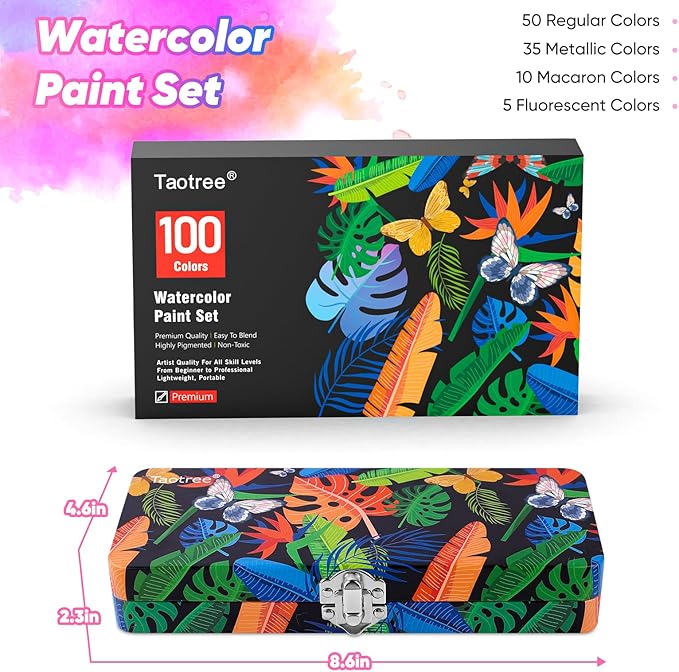Taotree Watercolor Paint Set 100 Colors, Art Supplies Watercolors Kit Travel Water Colors with 3 Paints Brushes, Crafts Painting Supplies, Drawing for Adults Artist Drawing, Painting