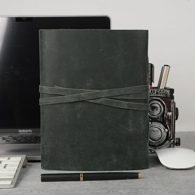 KomalC Handmade Leather Journal 7x5 Inch | Blue Vintage Notebook with Unlined Blank Paper | Antique Travel Diary, Writing Sketchbook for Men & Women