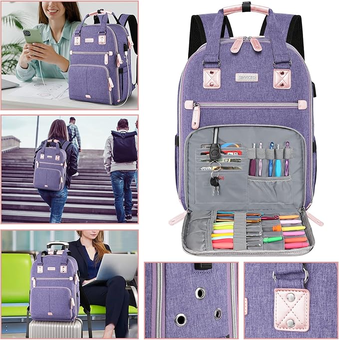 Crochet Bag, Knitting Bag Backpack and Totes Organizer with USB Charging Port, Large Yarn Storage Tote Bag