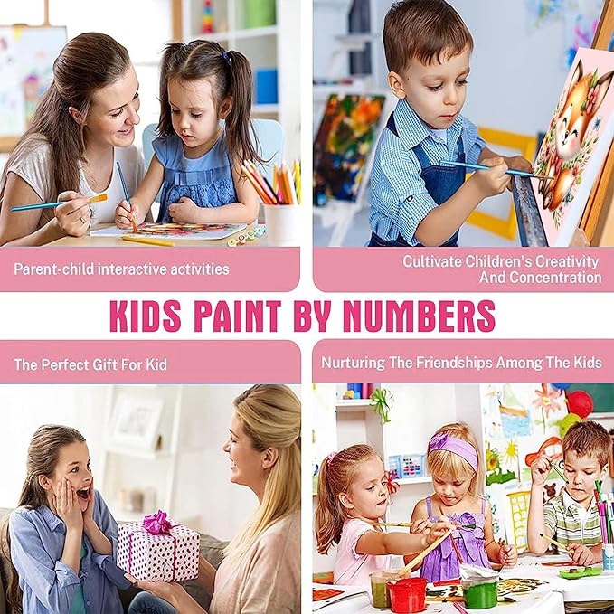 4 Pack Animal Paint by Number for Kids with Wooden Frame, Paint by Numbers for Kids Animals Ages 4-8-12, Easy Elephant Fox Sea Turtle Horse DIY Acrylic Oil Painting Kits for Home Wall Decor (8X8 inch)
