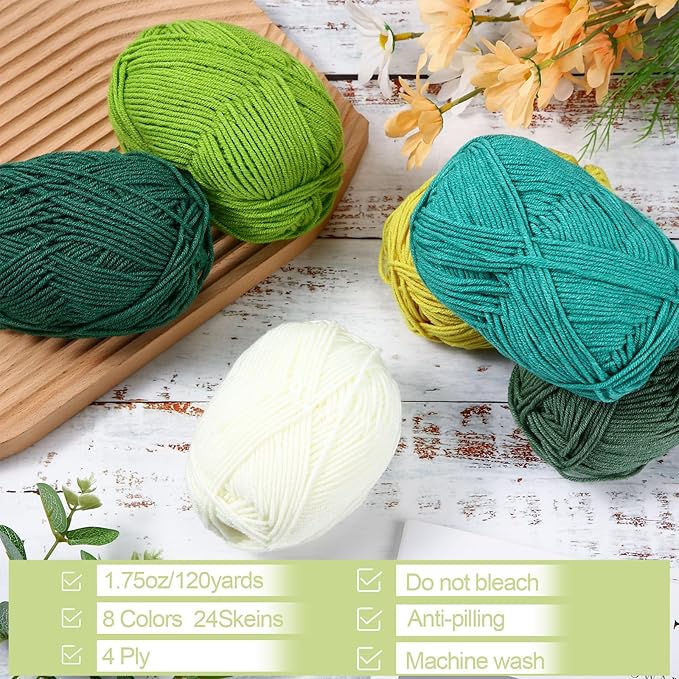 24 Skeins Soft Cotton Yarn Total 2880 Yards Assorted Colors Yarn for Crocheting and Knitting 4 Ply Acrylic Gauze for DIY Crafts Project, Each Skein 1.76 Oz/120 Yard(Green Series)