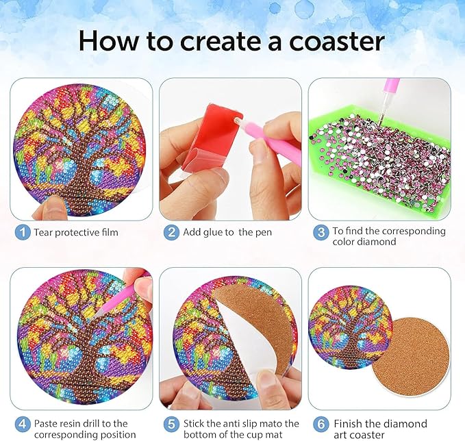 igoodom 8 Pcs Tree of Life Diamond Art Coasters Kit with Holder, DIY Tree Diamond Painting Coasters for Beginners Adults, Non Slip Diamond Art Kits Craft Supplies 4x4inch