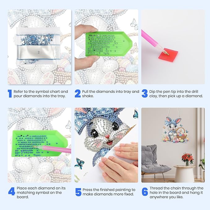 MXJSUA Easter Bunny Diamond Art Hanging Kits for Adults Beginners, Crystal Diamond Suncatchers, Special Shape Diamond Painting Pendant Window Ornament Gifts for Home Garden Door Wall Decor