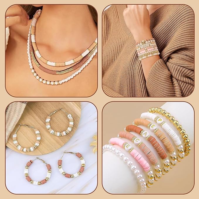 Believo Polymer Clay Beads Kit for DIY Jewelry with Elastic Cord, Colorful Flat Heishi Beads and Spacer Pieces – Ideal for Friendship Bracelet & Necklace Making (Camel Pink White 24)