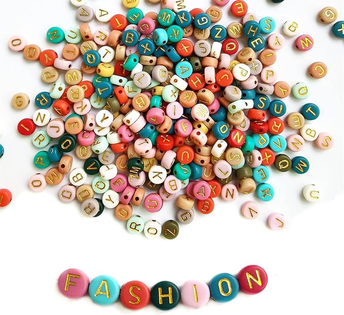 Amaney 1000pcs 4x7mm Alphabet Letter Beads Heart Star Moon Beads Gold on Colors and Beading Cords for Jewelry Making