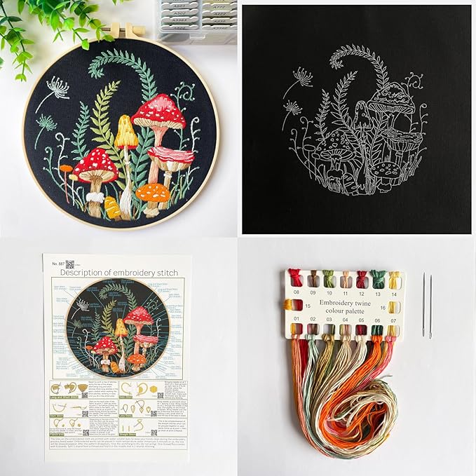 Silentsea Embroidery Kit, Floral and Nature Designs, 3-Pack with Hoops, Needlework Pattern Set (Mushroom)