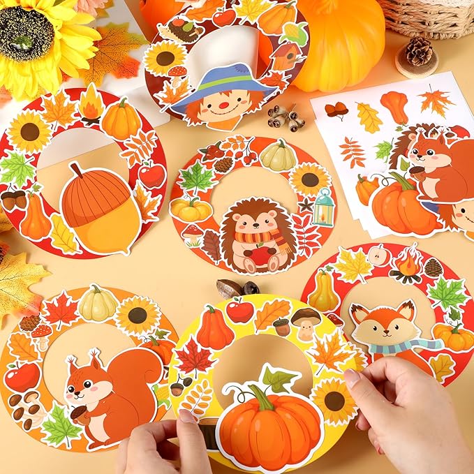 36 Sets Fall Animal Wreath Craft Kits DIY Autumn Scarecrow Pumpkins Paper Wreath Hanging Ornaments Make Your Own Thanksgiving Paper Art Craft with Stickers for School Home Party Decor Activities
