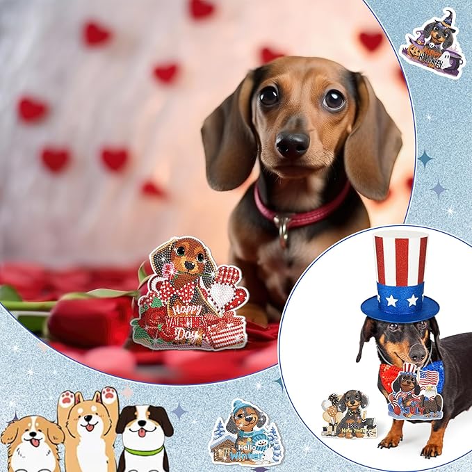 Cinnvoice 12 Pcs Seasonal Diamond Art Wreath Kits Holiday 5d DIY Diamond Art Hanging Signs Winter Spring Ornaments for Wall Door Decoration(Dachshund)