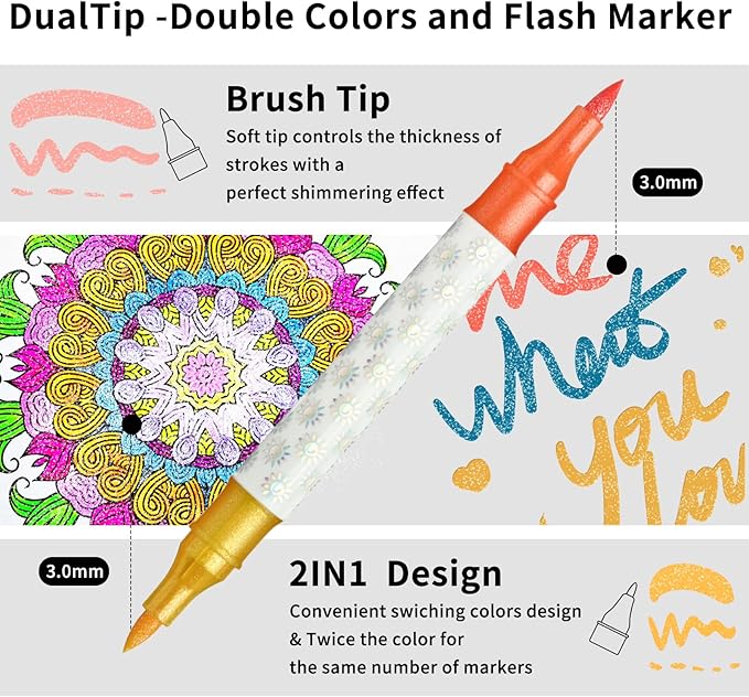 Glitter Changing Markers,12 Pack 23 Colors Sparkle Magic Markers Dual Tip Markers for Adult Art Supplies, Drawing Bullet Journal,Coloring books
