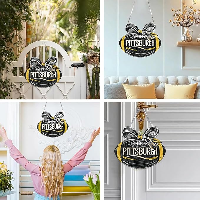 Rertcioph Football Diamond Art Hanging Kit for Adults, DIY Acrylic 5D Diamond Painting Hanging Ornament for Pittsburgh Home Wall Decor and Gift