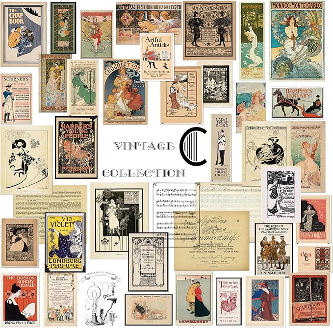 CATaireen Vintage Junk-Journal Mixed Paper Scrapbooking Embellishments Set Retro Journaling Decoupage Stickers Textured Packaging Decorative Cards Tags Kit (Poster C)
