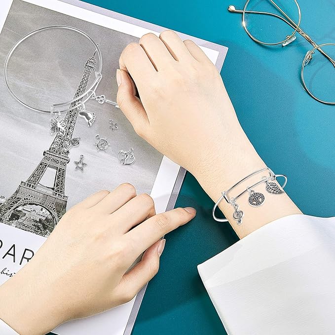 Charm Bracelet Making Kit,UPINS 30Pcs Silver Expandable Blank Bracelets Adjustable Wire Bangles with 100Pcs Tibetan Silver Charms, 200Pcs Open Jump Rings for Jewelry Making