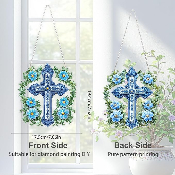 TOSTOG Cross Diamond Art Hanging Kits for Adults, Cross and Flowers Diamond Painting for Adults Window Pendant, Special Shape Diamonds Diamond Painting Hanging Pendant Kit for Wall Home Decor Gift