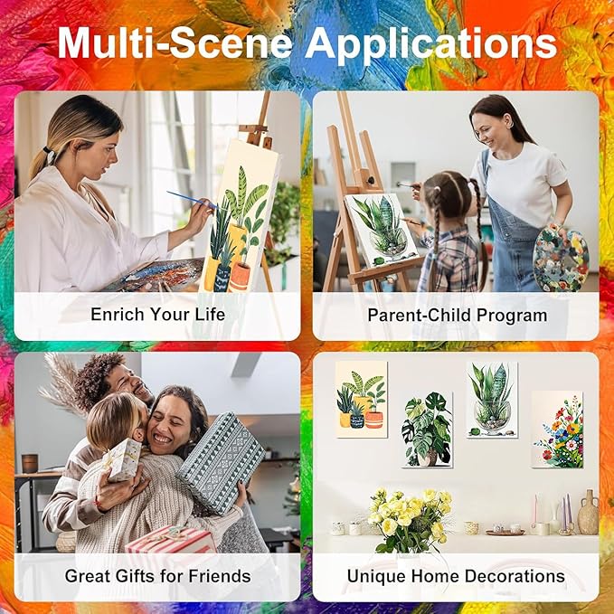 4 Pack Paint by Numbers for Adults with Framed Canvas - with Wooden Easel, Plant Paint by Number for Beginners, Easy Flowers Acrylic Oil Painting on Canvas with Brushes for Home Wall Decor (8x12 inch)