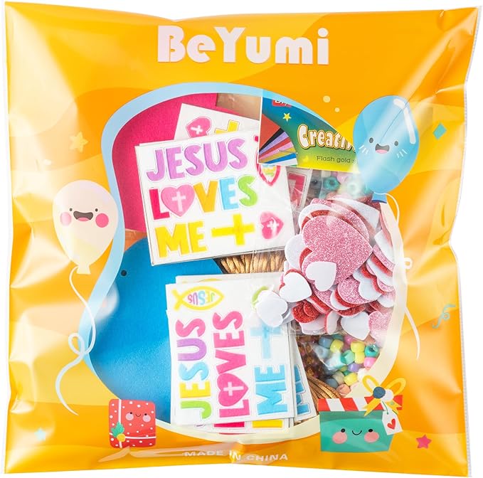 BeYumi Easter Necklace Craft Kit - 24Pcs Easter Christian Heart Felt Jesus Loves Me Necklace Making Kits With Gem Sticker DIY Religious Craft for Kids Sunday School Classroom Activity Gift Party Favor