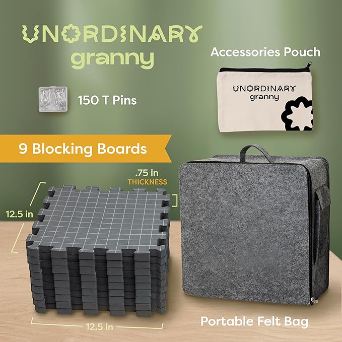 Unordinary Granny Crochet Blocking Board Set – 9 Extra Thick Interlocking Mats with Grid, 150 T-Pins, Felt Storage Bag and Cotton Pouch – Blocking Board for Knitting, Crochet & Other Craft Projects